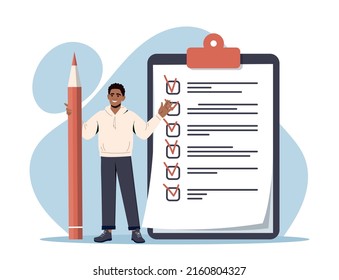 Man stands next to checklist with tick. Concept of successful completion of assigned tasks. Goals and aspirations in life. Planning, productivity and time management. Cartoon flat vector illustration.