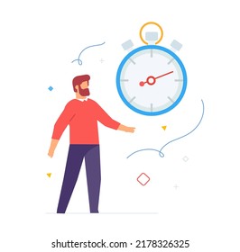 A man stands next to the clock, time, productivity, icon, illustration. Smartphones tablets user interface social media.Flat illustration Icons infographics. Landing page site print poster.