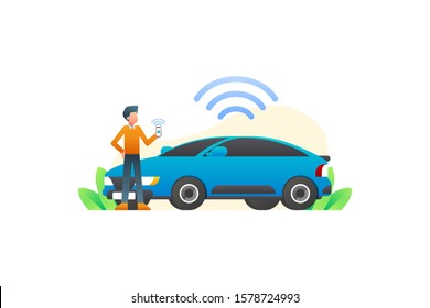 A Man Stands Next To An Electric Smart Car Connected To A Smartphone Application Via Wifi Internet. Internet Of Things Vector Background. IoT Illustration Banner