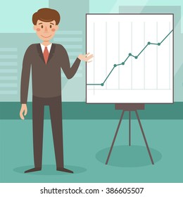 Man stands next to the graph. Businessman. Vector isolated illustration. Cartoon character. 