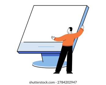 Man stands next to a large computer monitor vector illustration. Digital workspace, web design, online business, tech support, presentation, software development. Person touching a giant display