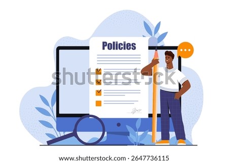 A man stands next to a large pencil and checklist labeled Policies in front of a computer screen, with magnifying glass and speech bubble, on abstract background. Vector illustration