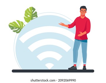 A man stands next to a large wi-fi sign. Vector illustration, public free wireless connection, wireless wifi hotspot, For mobile user interface, digital data streaming over radio channels