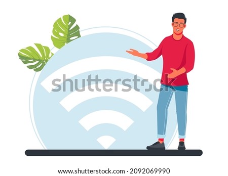 A man stands next to a large wi-fi sign. Vector illustration, public free wireless connection, wireless wifi hotspot, For mobile user interface, digital data streaming over radio channels