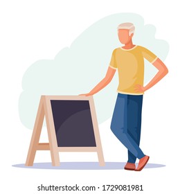 a man stands next to the menu board and rests on it with his hand, isolated object on a white background, vector illustration,