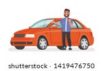 Man stands next to a new car and holds a key in his hand. Happy vehicle owner in white background. Buying a automobile. Vector illustration in cartoon style