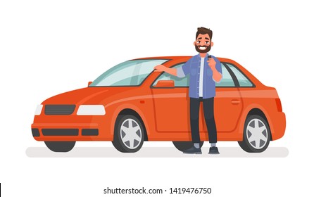 Man stands next to a new car and holds a key in his hand. Happy vehicle owner in white background. Buying a automobile. Vector illustration in cartoon style