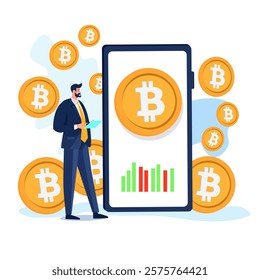 A man stands next to a phone with a bar graph on the screen and Bitcoins come out of the phone. Concept Cryptocurrency trading.