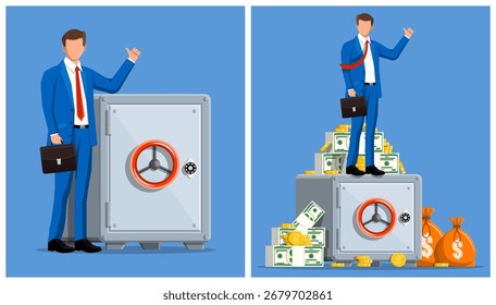 El hombre está junto a una caja fuerte y encima de una caja fuerte con bolsas de dinero y monedas de oro, lo que ilustra el éxito financiero y la inversión segura.