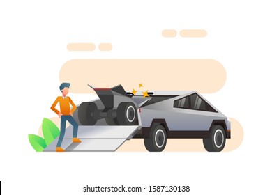 A Man Stands Next To A Tesla Cyber Truck Car That Carrying An ATV In The Rear Trunk. Cyber Truck Vector. Futuristic And Modern Autonomous Self Driving Car Truck Illustration Background.