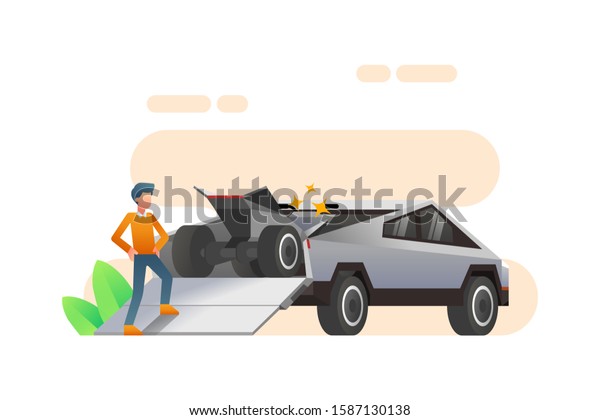 後ろのトランクにatvを搭載したテスラ サイバー トラックの車の横に男性が立つ サイバートラックのベクター画像 未来的で現代的な自律型の自動運転車 のトラックイラスト背景 のベクター画像素材 ロイヤリティフリー