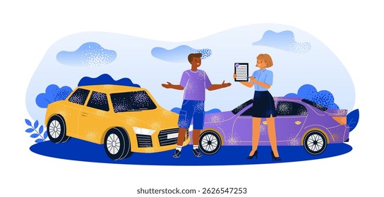 A man stands next to a yellow car discussing a deal with a woman holding a clipboard, with another car behind them, on a white background. Concept of car buying. Vector illustration