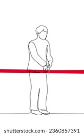 man stands in office clothes and cuts the red ribbon stretched out in front of him with scissors - one line art vector. concept of the grand opening of a new building, metaphor for achieving public