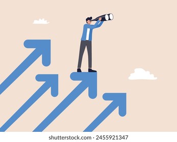 A man stands on an arrow, observing forward. Illustration of company success, moving forward, challenges, and growth