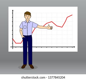 man stands on the background of the line chart, shows the chart with his hand. Modern flat vector illustration.