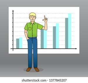 man stands on the background of the line chart, shows the chart with his hand. Modern flat vector illustration.