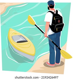 A man stands on the bank of a river with a kayak paddle. The concept of sporting down the river in a kayak. Stock vector illustration