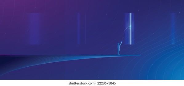 A man stands on a bridge in a futuristic space and interacts with an open portal to another dimension