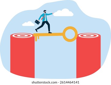 A man stands on a bridge made of keys to cross to the target. Illustration for business keys, business systems and strategies, opportunities and motivation.

