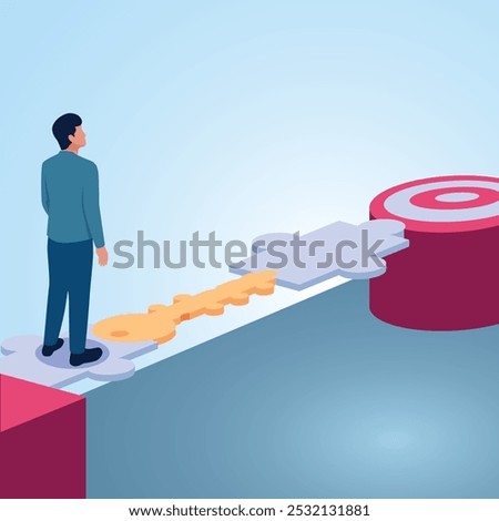 A man stands on a bridge made of keys to cross to the target. Illustration for business keys, business systems and strategies, opportunities and motivation.