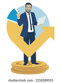 A man stands on coins and rejoices at success in business. Time is money. Flat design. Vector illustration