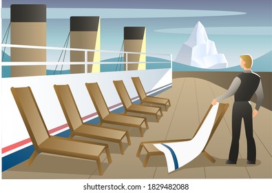 A man stands on the deck of the Titanic as the ship approaches the iceberg