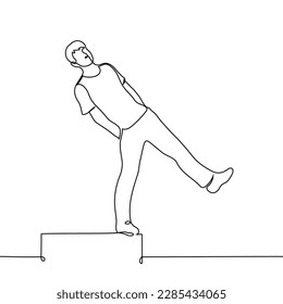 man stands on the edge of the abyss with hands in pockets about to step - one line drawing vector. the concept to step into the abyss, to make a reckless action