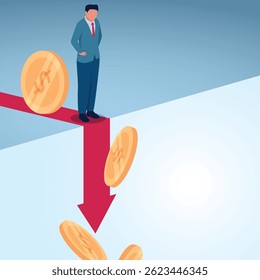 A man stands on the edge of an arrow pointing down. A metaphorical illustration for financial crisis, losses and inflation.