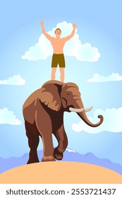  A man stands on an elephant and raises his hands to the sky. There are mountains and white clouds around him.