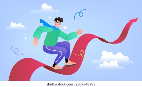 A man stands on a graph that shoots up into the sky. Business vision and target. success in career. Concept business, Achievement, Character, Leader, Vector illustration flat.