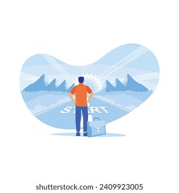 A man stands on the highway and says START. Get ready to start activities towards success. Career Development concept. trend flat vector modern illustration