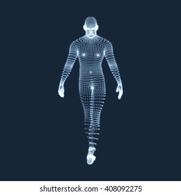 Man Stands on his Feet. 3D Model of Man. Vector Graphics Composed of Particles.