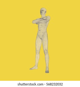 Man Stands on his Feet. Man Crossing His Arms Over His Chest. 3D Human Body Model. Design Element. Vector Illustration.