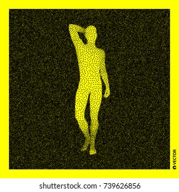 Man stands on his feet. 3D Human Body Model. Black and yellow grainy design. Stippled vector illustration.