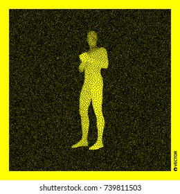 Man stands on his feet. 3D Human Body Model. Black and yellow grainy design. Stippled vector illustration.