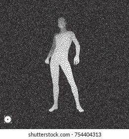 Man stands on his feet. 3D model of man. Black and white grainy dotwork design. Stippled vector illustration.