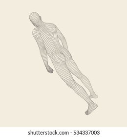 Man Stands on his Feet.3D Model of Man. Geometric Design. 3d Polygonal Covering Skin. Human Body Wire Model. Vector Illustration.