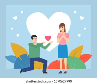 Man stands on knee and makes love confession, marriage proposal. St Valentine's greeting card. Poster for web page, banner, social media, presentation. Flat design vector illustration