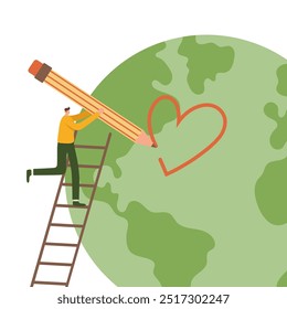 A man stands on a ladder and draws a heart on the planet earth. Concept of environmental protection. Save the Earth, plants and forests, ecology of the planet. Eco-friendly. Sustainable lifestyle.