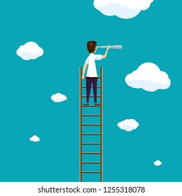 Man stands on a ladder in the sky with clouds. Development and business opportunities.