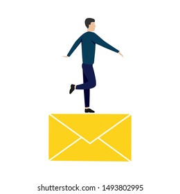 Man stands on a letter. Flat cartoon character isolated on white background