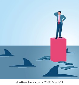 A man stands on a log surrounded by many sharks. Illustration of risk management, business mistakes, strategy and planning.