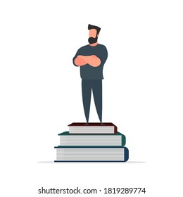 A man stands on a mountain of books. Learning, knowledge and wisdom concept. Isolated. vector.