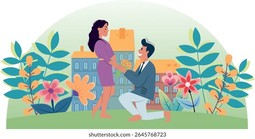 um homem fica em um joelho segurando um buquê de flores e pede a uma garota em casamento, uma garota fica em um bonde verde contra o fundo de edifícios residenciais de cores brilhantes