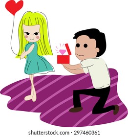 Man stands on one knee and offers the woman to marry him