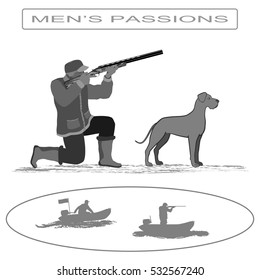 A man stands on one knee and fired from a rifle. Nearby is a DOG. Isolate on white background.