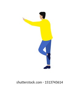 The man stands on one leg. Flat cartoon character isolated on white background