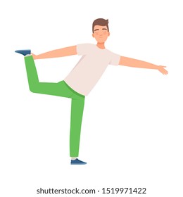 Man stands on one leg and holds the other with his hand. Vector illustration.
