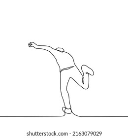 man stands on one leg he stumbled and balances or falls waving his arms - one line drawing vector. concept of fall, stumble, balance