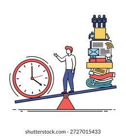 Un hombre está de pie a un lado de un balancín, balanceándose contra una pila alta y precaria de objetos en el otro lado. La pila incluye libros, sobres, una computadora portátil y Pequeñas figuras de personas, que representan el trabajo y las responsabilidades. Un reloj Grande en el lado del hombre significa la importancia del tiempo.